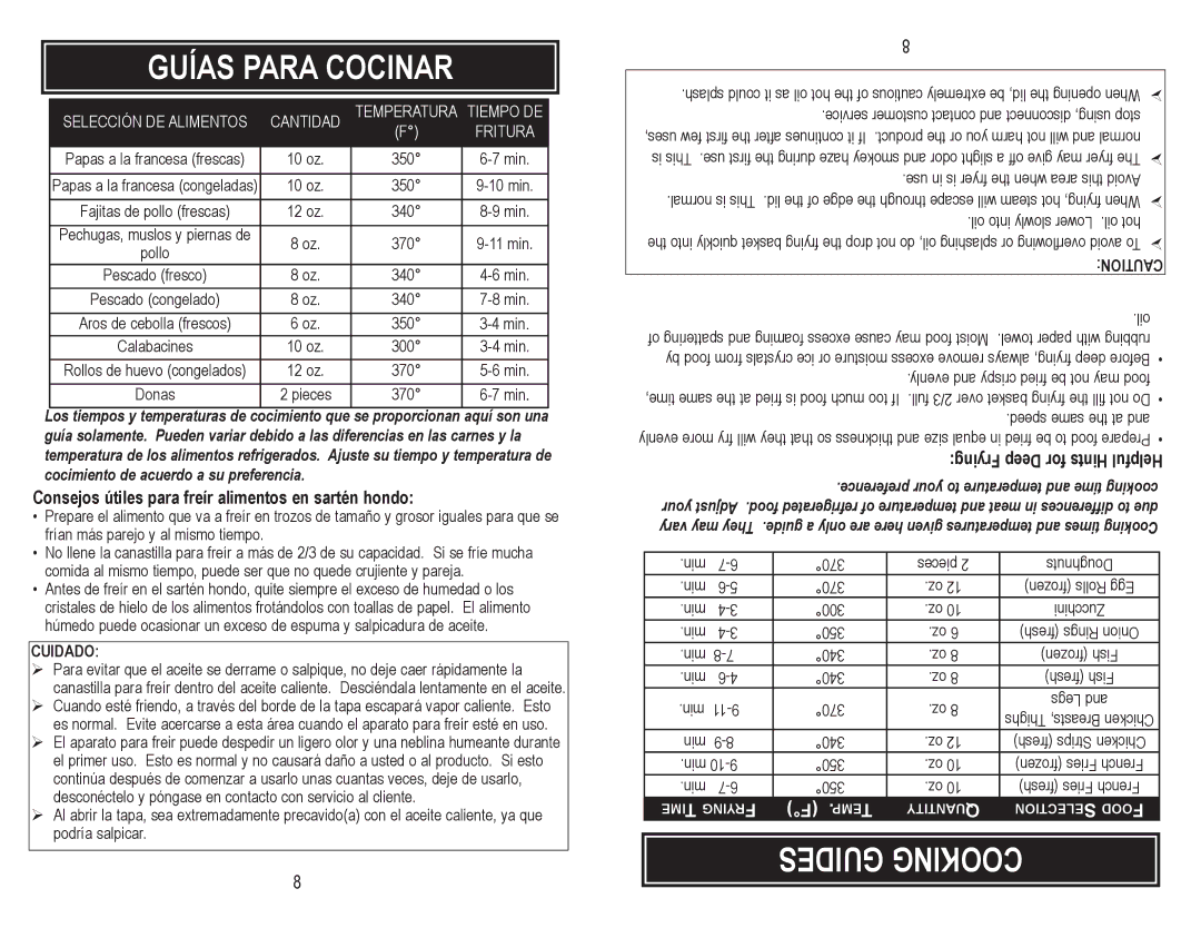 Aroma ADF-182 instruction manual Guías Para Cocinar, Guides Cooking, Consejos útiles para freír alimentos en sartén hondo 