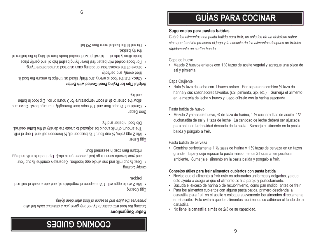 Aroma ADF-182 instruction manual Suggestions Batter, Sugerencias para pastas batidas 