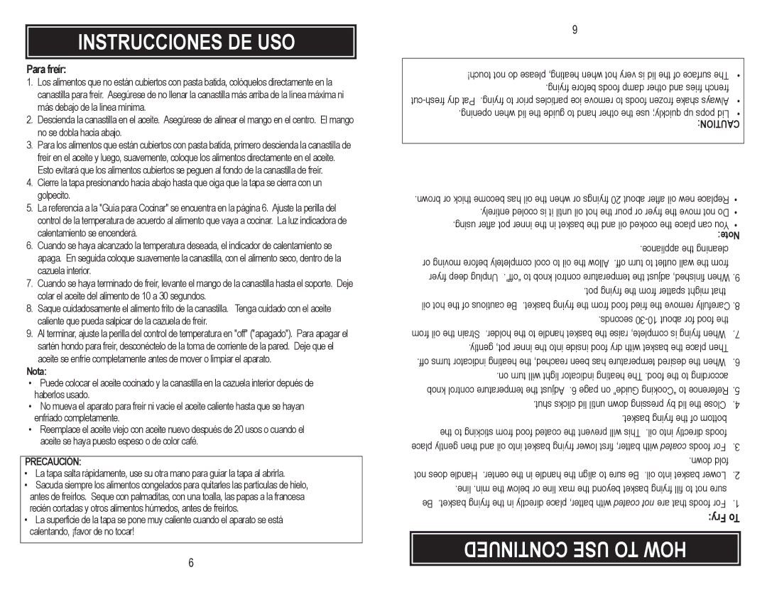 Aroma ADF-182 instruction manual USE to HOW, Para freír, Fry To, Nota 