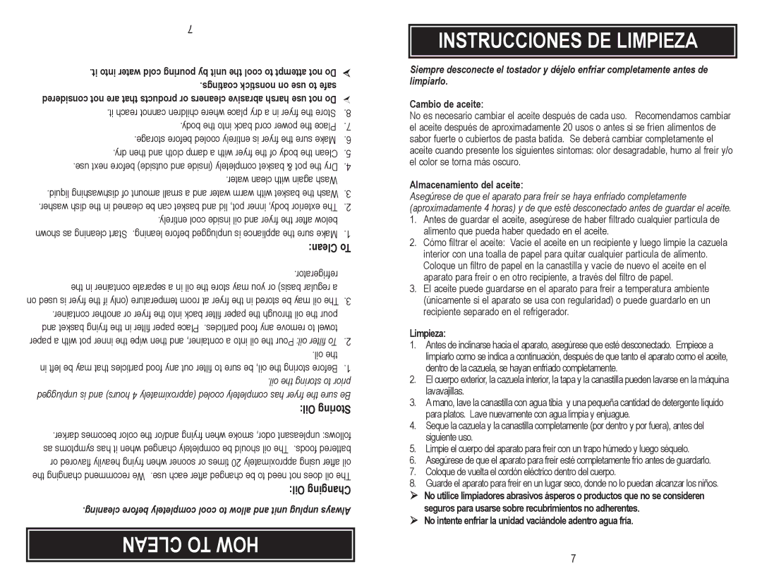 Aroma ADF-182 instruction manual Clean to HOW Instrucciones DE Limpieza, Clean To, Oil Storing, Oil Changing 