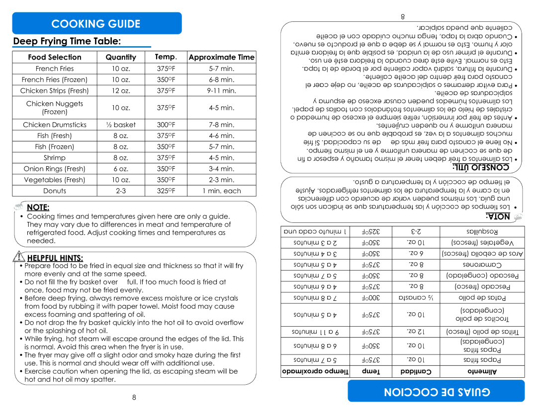 Aroma ADF-198 instruction manual Cooking Guide, Coccion DE Guias, Deep Frying Time Table 