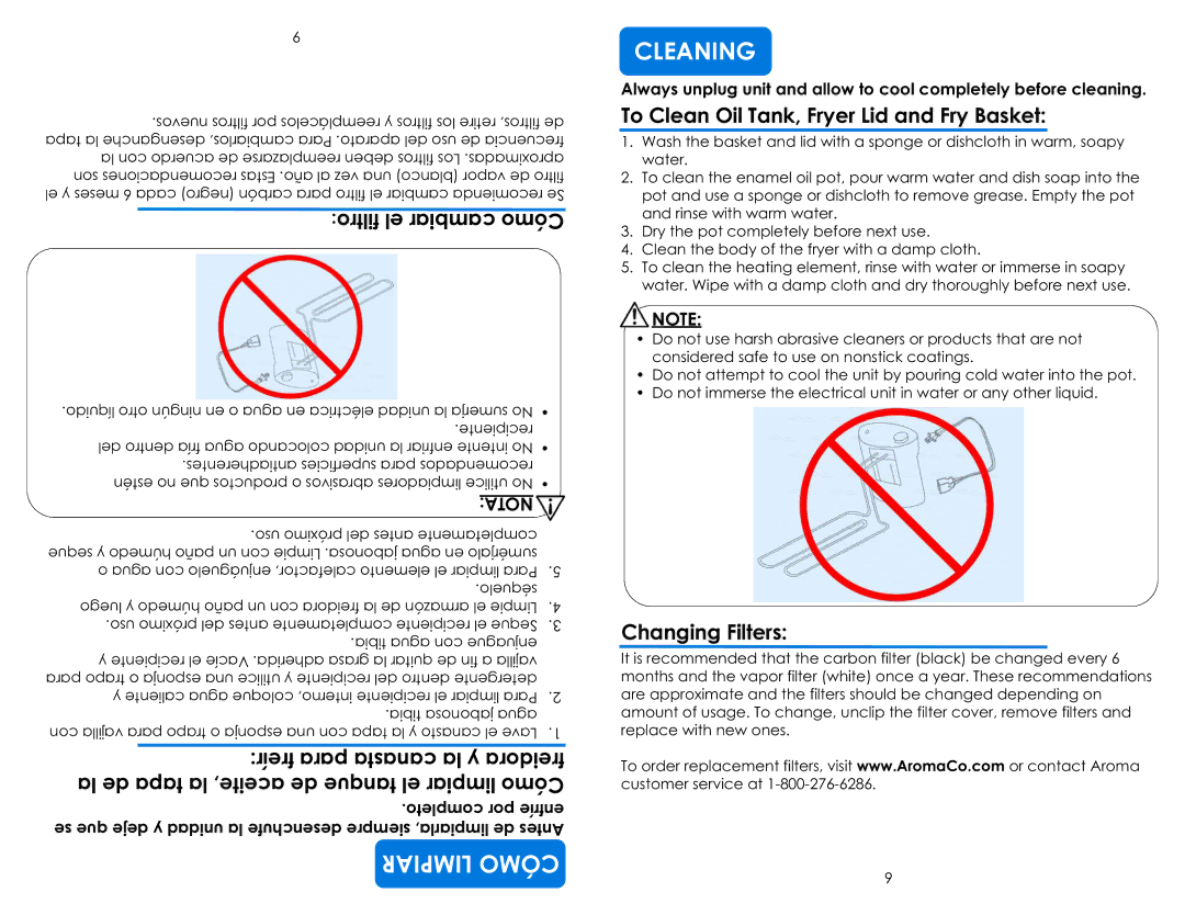 Aroma ADF-198 instruction manual Limpiar Cómo, Cleaning, To Clean Oil Tank, Fryer Lid and Fry Basket, Changing Filters 