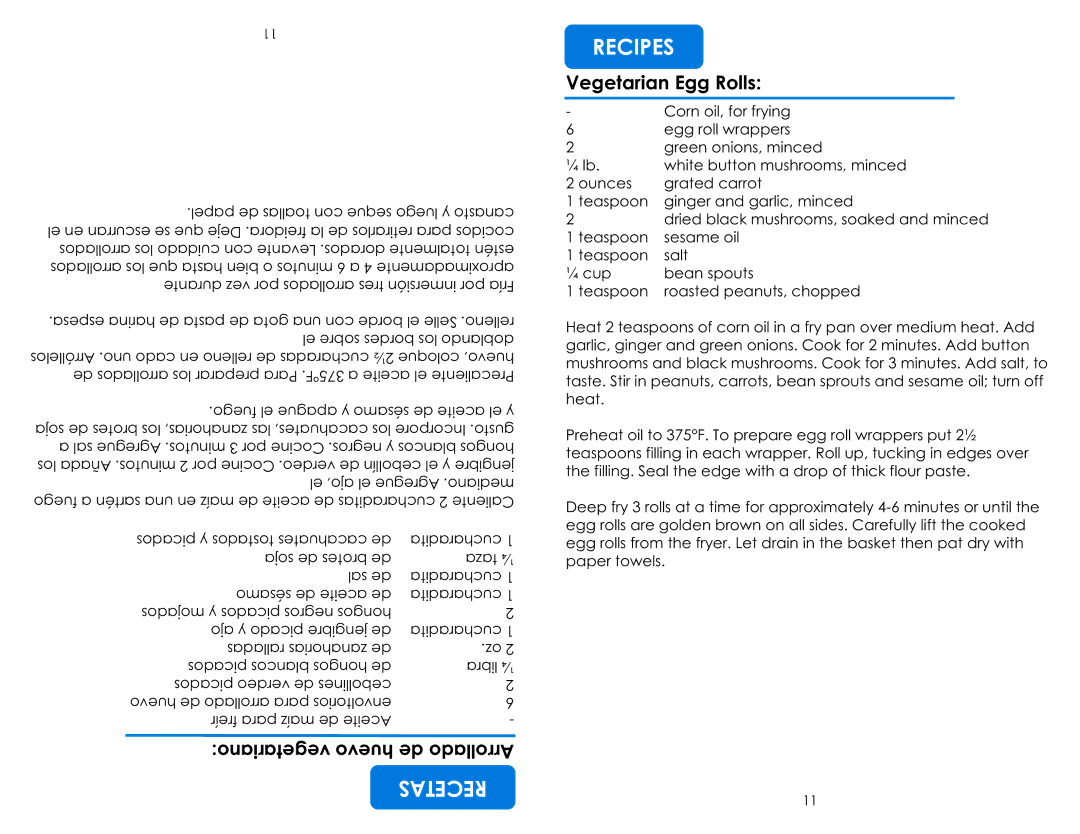 Aroma ADF-198 instruction manual Vegetarian Egg Rolls 