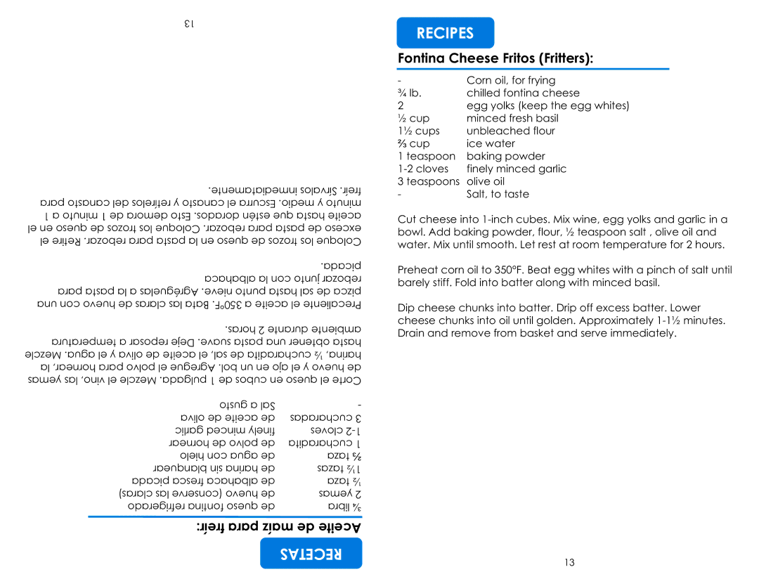 Aroma ADF-198 instruction manual Fontina Cheese Fritos Fritters, Picada 