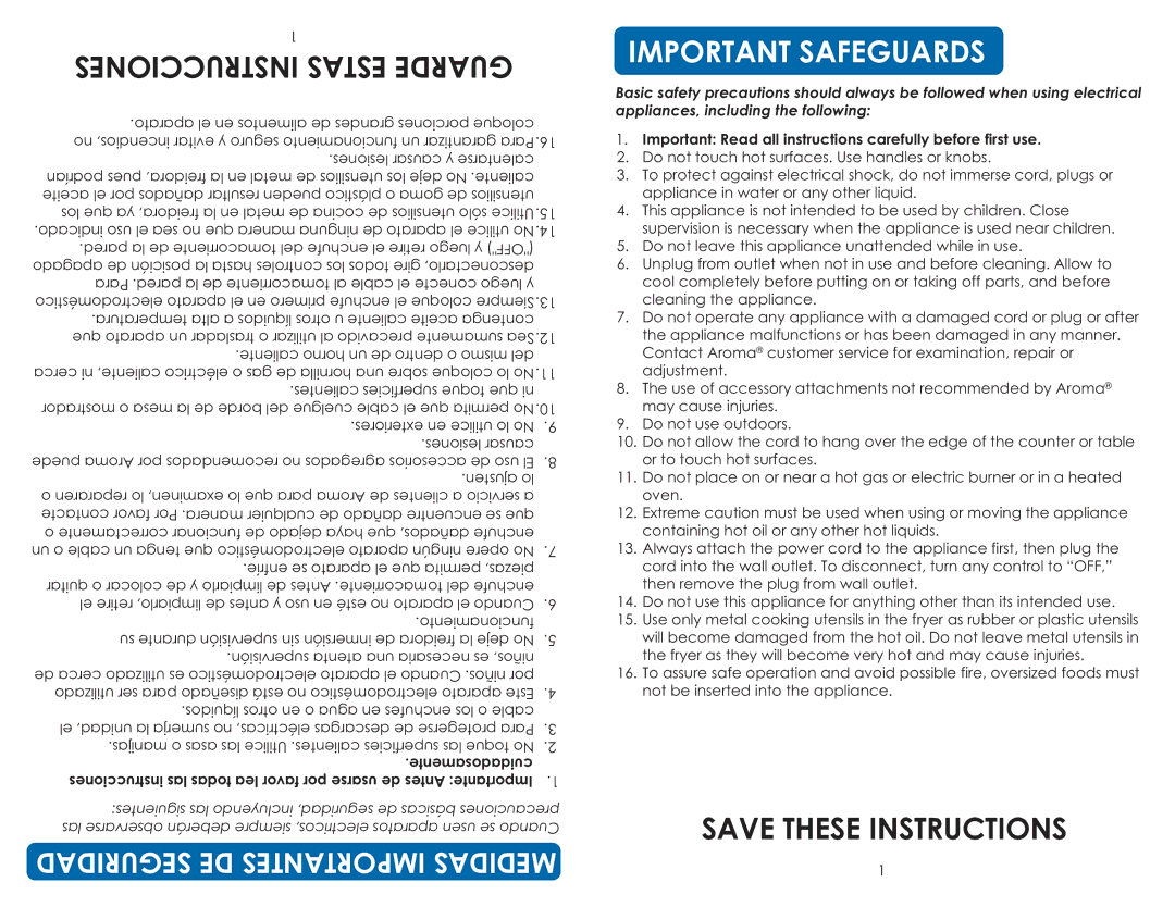 Aroma ADF-198 instruction manual Important Safeguards 