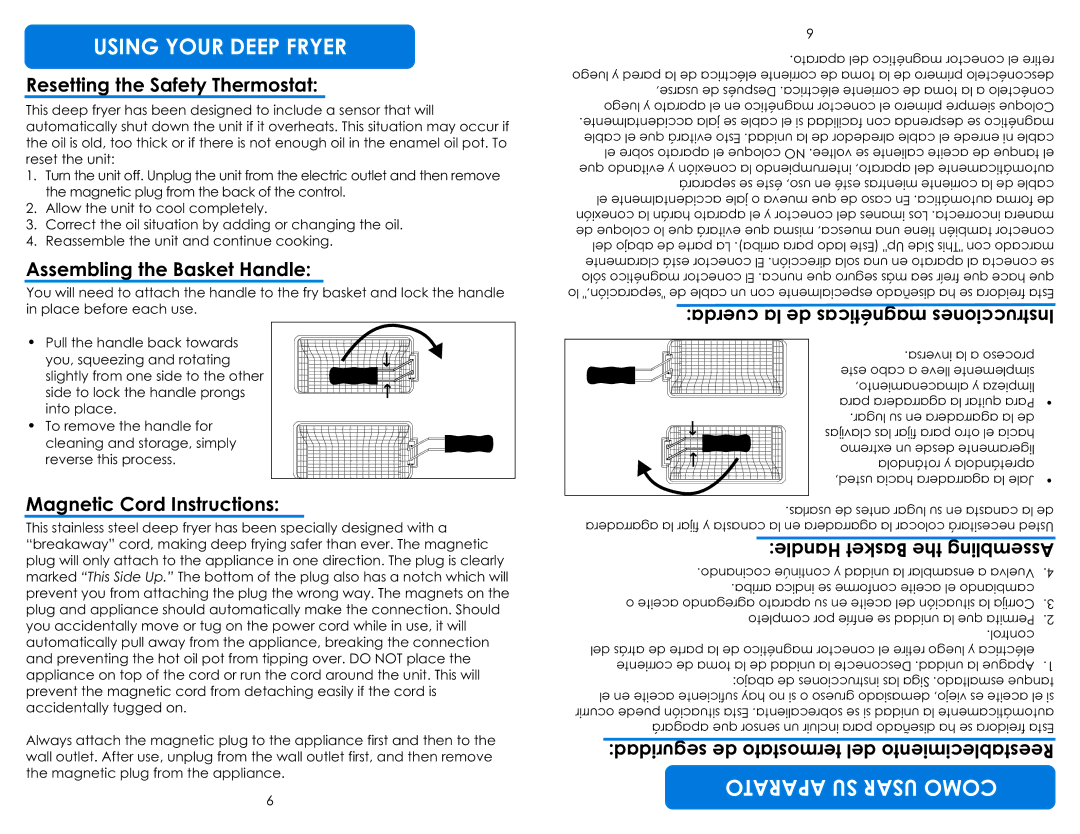 Aroma ADF-198 instruction manual Aparato SU Usar Como, Resetting the Safety Thermostat, Assembling the Basket Handle 