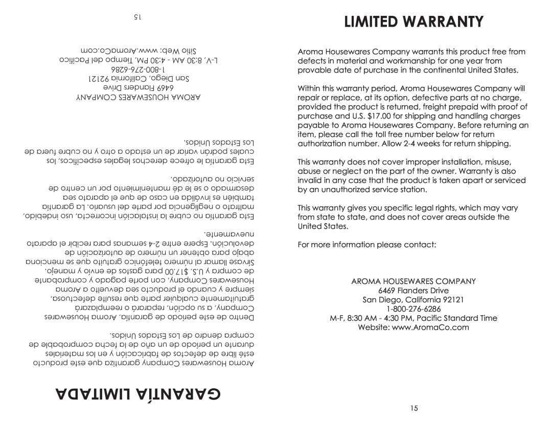 Aroma ADF-198 instruction manual Limited Warranty, Limitada Garantía 