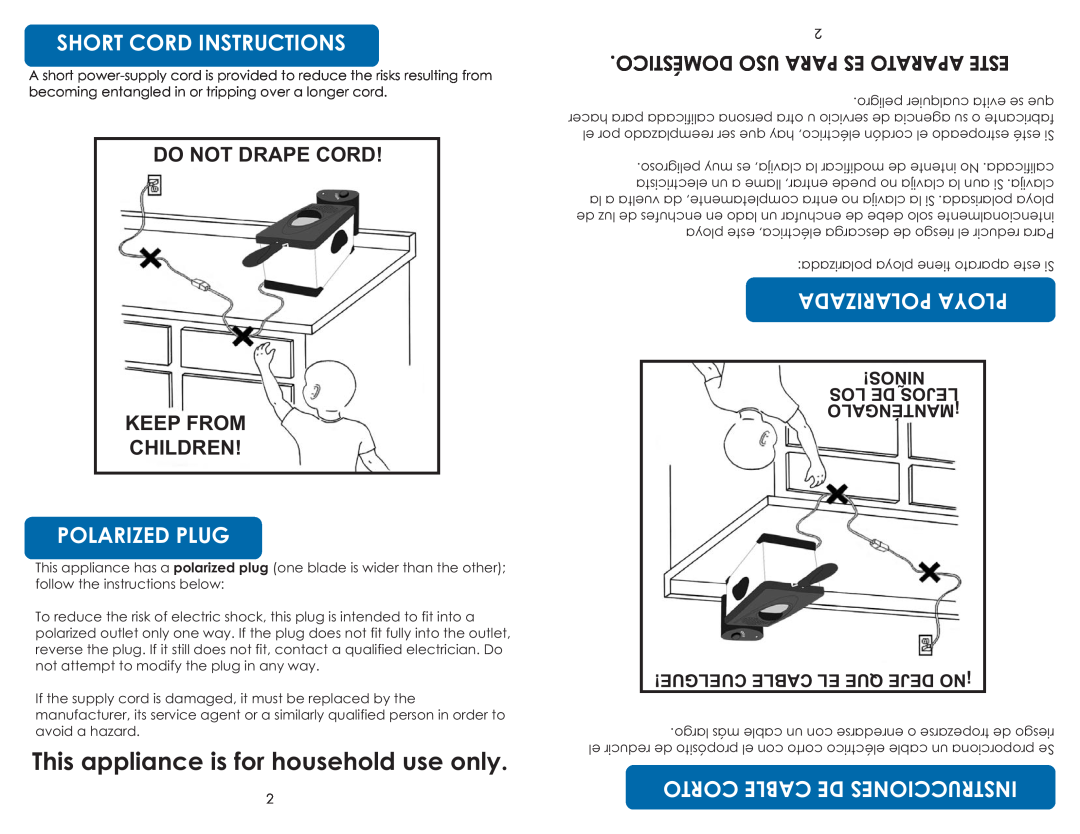 Aroma ADF-198 Short Cord Instructions, Polarized Plug, Niños! Los De Lejos ¡Manténgalo Cuelgue! Cable El Que Deje ¡No 