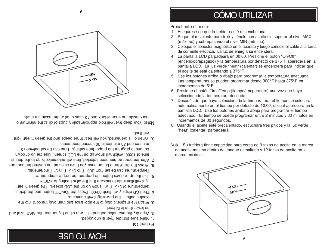 Aroma ADF-212 instruction manual USE to HOW Cómo Utilizar, Precaliente el aceite 