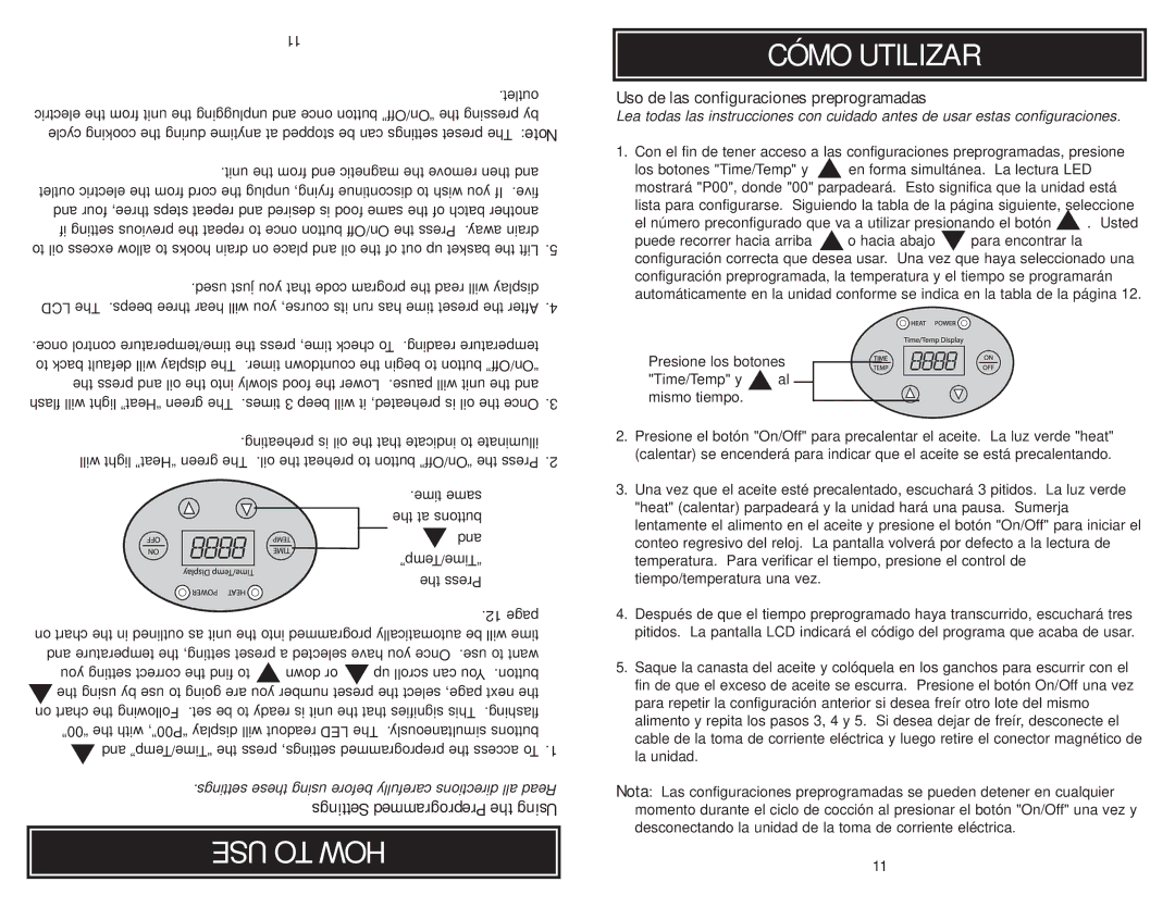 Aroma ADF-212 instruction manual Settings Preprogrammed the Using, Uso de las configuraciones preprogramadas 