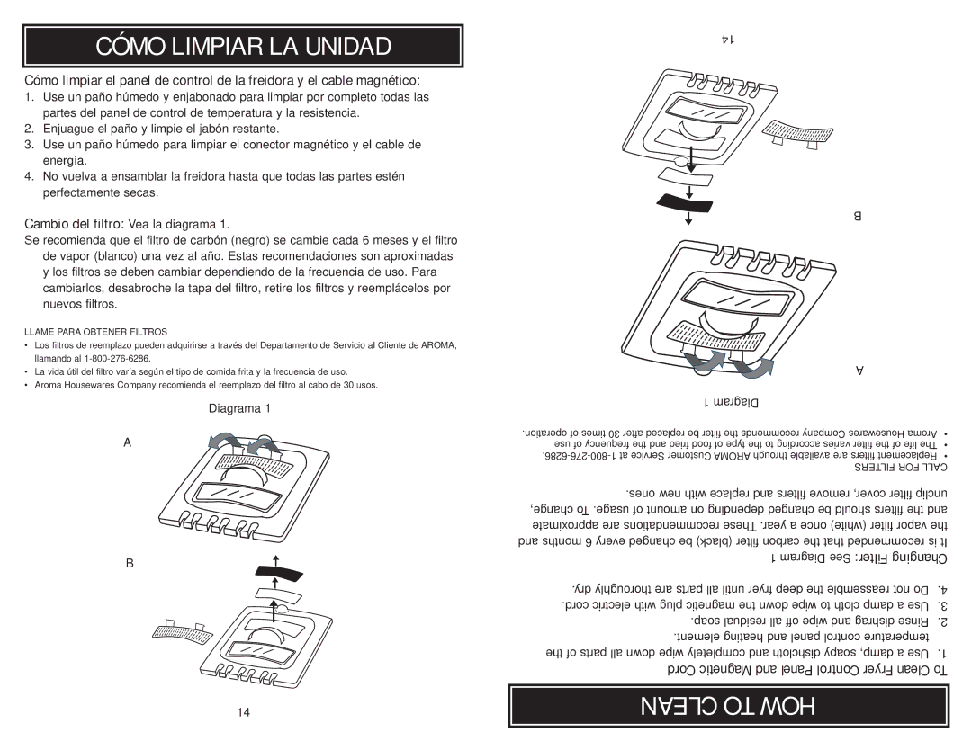 Aroma ADF-212 instruction manual Clean to HOW, Cambio del filtro Vea la diagrama, Diagrama, Diagram See Filter Changing 