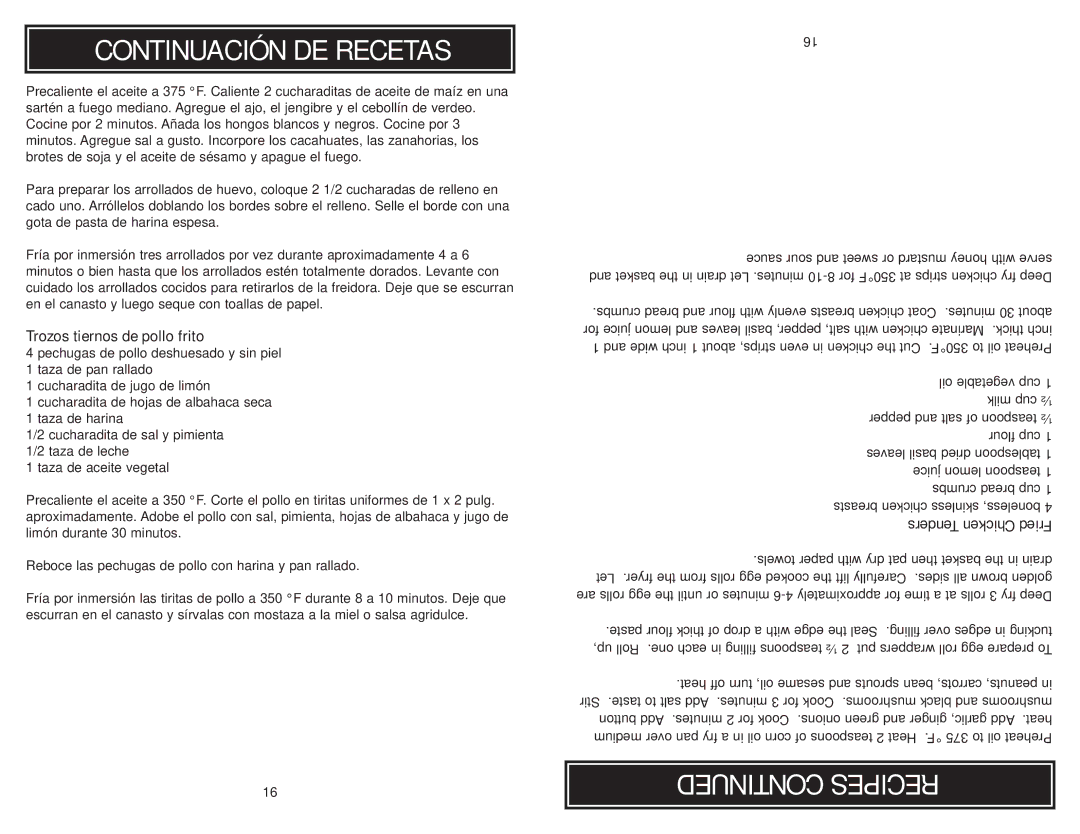 Aroma ADF-212 instruction manual Continuación DE Recetas, Recipes, Trozos tiernos de pollo frito 