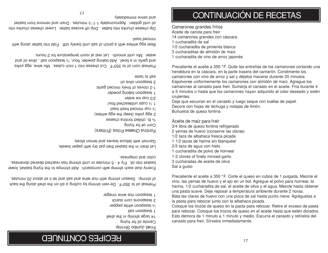 Aroma ADF-212 instruction manual Recipes Continuación DE Recetas, Camarones grandes fritos Aceite de canola para freír 