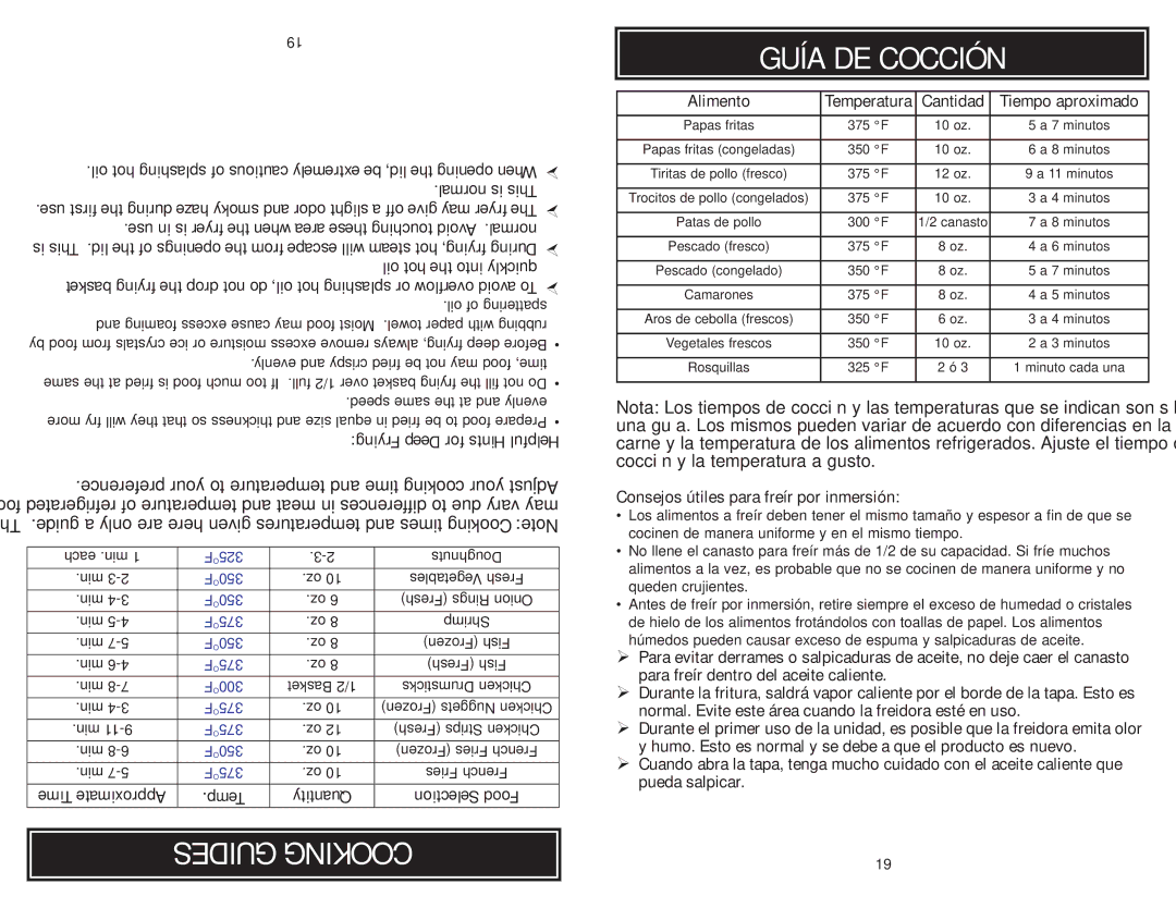 Aroma ADF-212 Guides Cooking Guía DE Cocción, Frying Deep for Hints Helpful, Time Approximate Temp Quantity Selection Food 