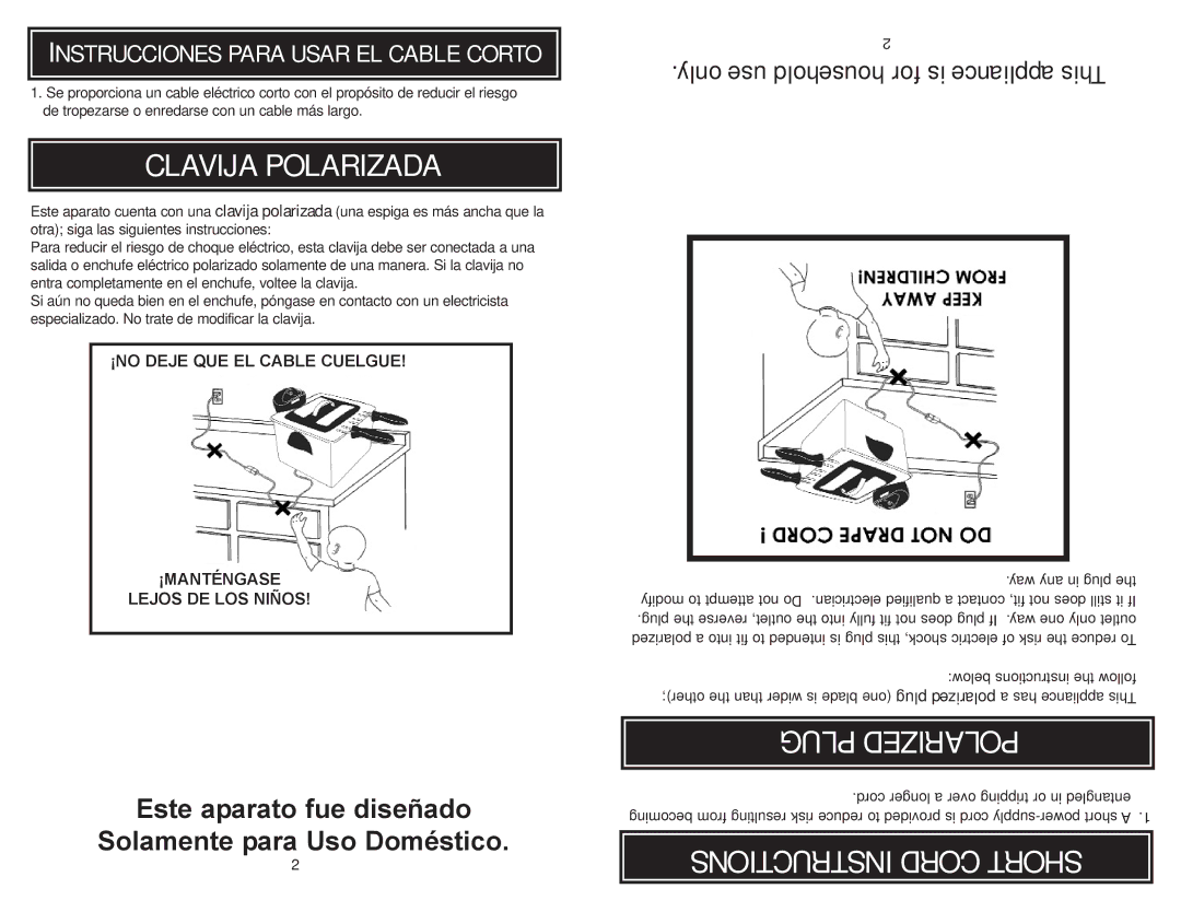 Aroma ADF-212 instruction manual Clavija Polarizada, Plug Polarized, Instructions Cord Short 