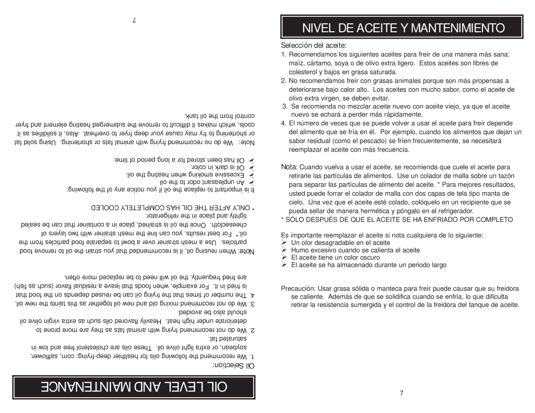 Aroma ADF-212 instruction manual Maintenance and Level OIL, Selection Oil, Selección del aceite 