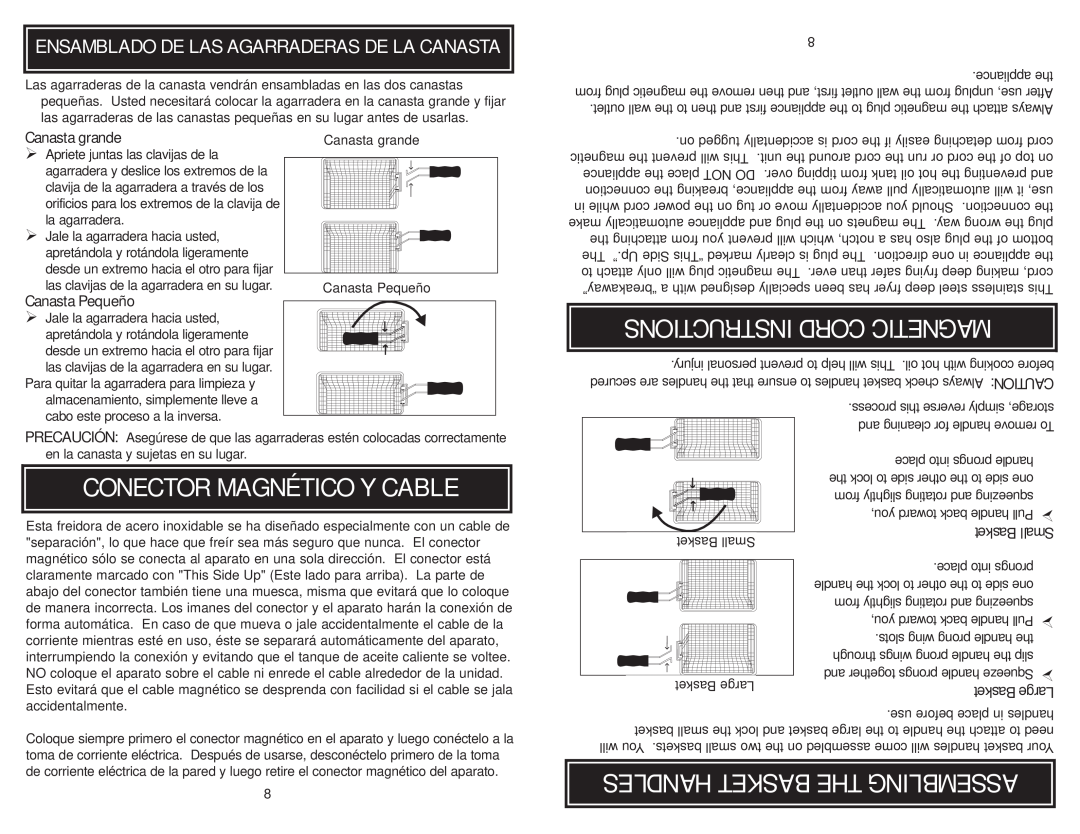 Aroma ADF-212 Instructions Cord Magnetic, Conector Magnético Y Cable, Handles Basket The Assembling, Canasta grande 