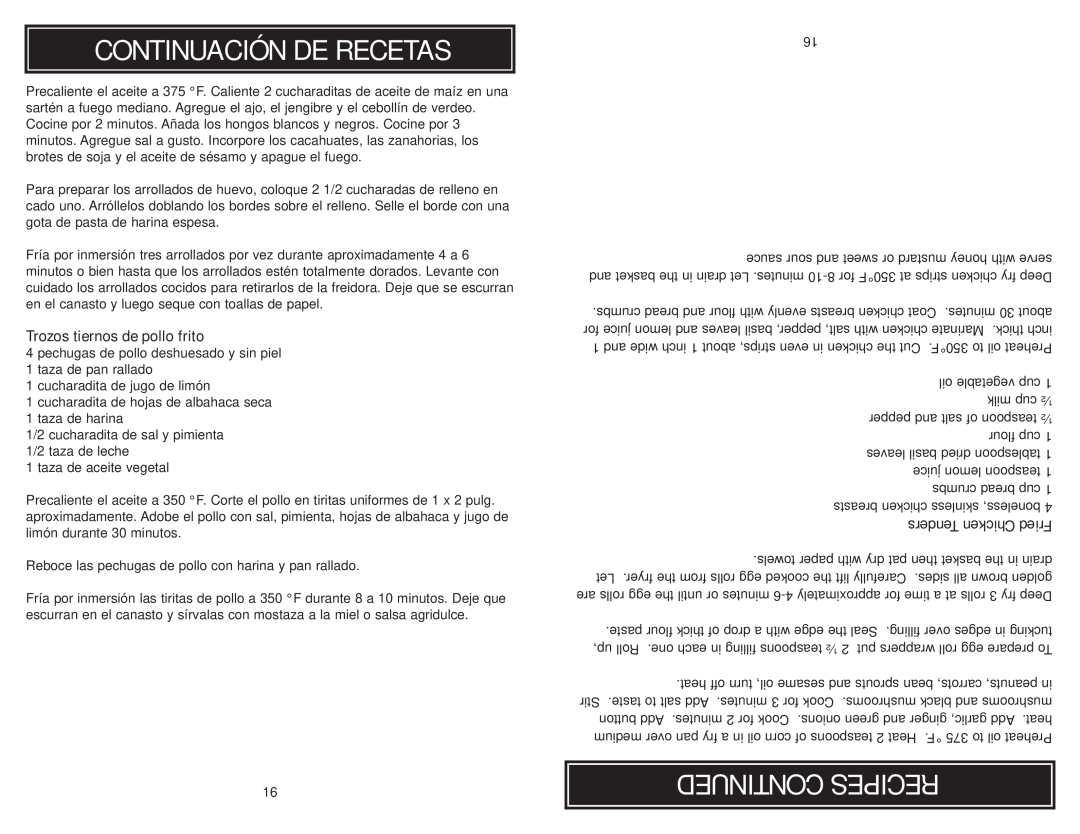 Aroma ADF-212 instruction manual Continuación De Recetas, Continued Recipes, Trozos tiernos de pollo frito 