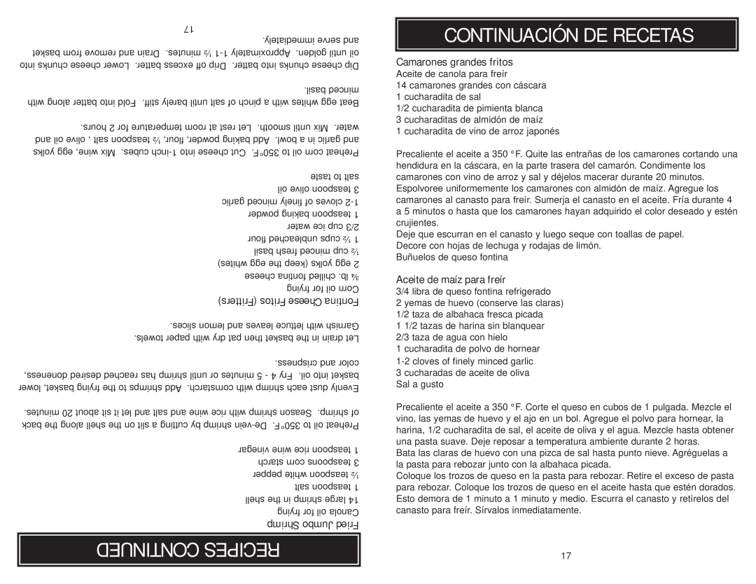 Aroma ADF-212 instruction manual Aceite de maíz para freír, Continued Recipes, Continuación De Recetas 
