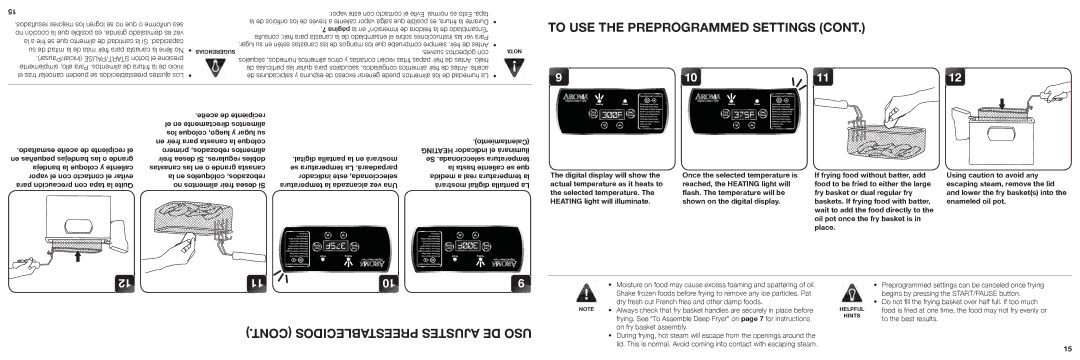 Aroma ADF-232 instruction manual To USE7THE Preprogrammed Settings, Preestablecidos Ajustes DE USO 