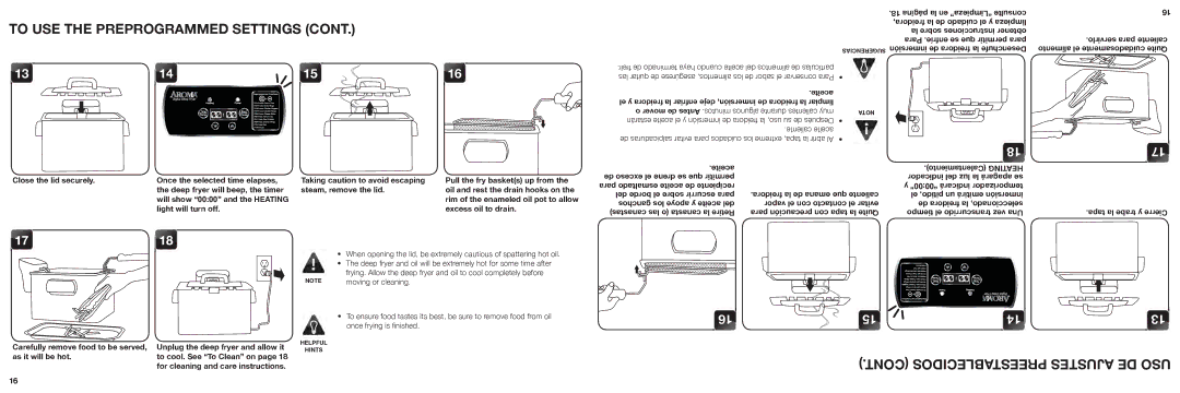 Aroma ADF-232 To USE the Preprogrammed Settings, Deep fryer will beep, the timer Steam, remove the lid, As it will be hot 