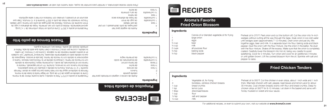 Aroma ADF-232 instruction manual Recetas, Large onion, Eggs, Leche de 