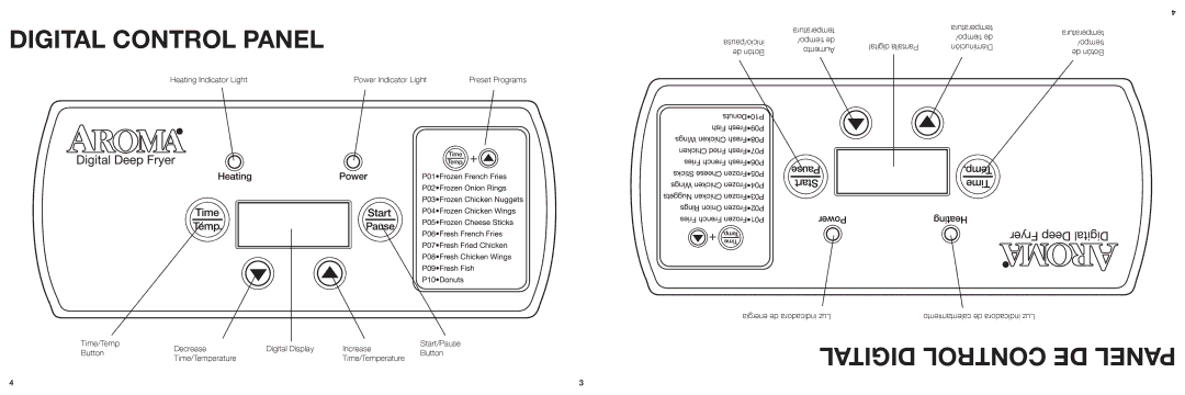 Aroma ADF-232 instruction manual Digital Control Panel, Digital Control DE Panel 