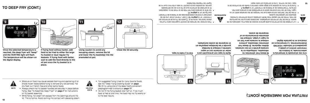 Aroma ADF-232 instruction manual To Deep Fry Cont, Cont Inmersión Por Fritura, aceite de recipiente 