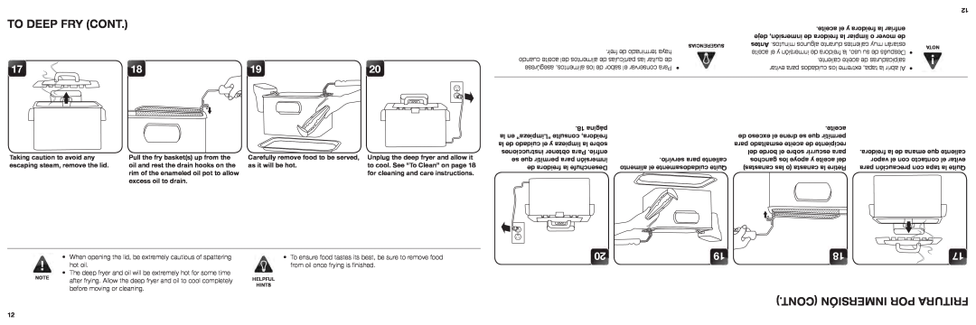 Aroma ADF-232 instruction manual To Deep Fry Cont, Cont Inmersión Por Fritura, hot oil, before moving or cleaning 