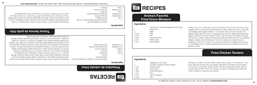 Aroma ADF-232 Recetas, frito pollo de tiernos Trozos, Aroma’s Favorite, Fried Onion Blossom, fritos cebolla de Pimpollos 