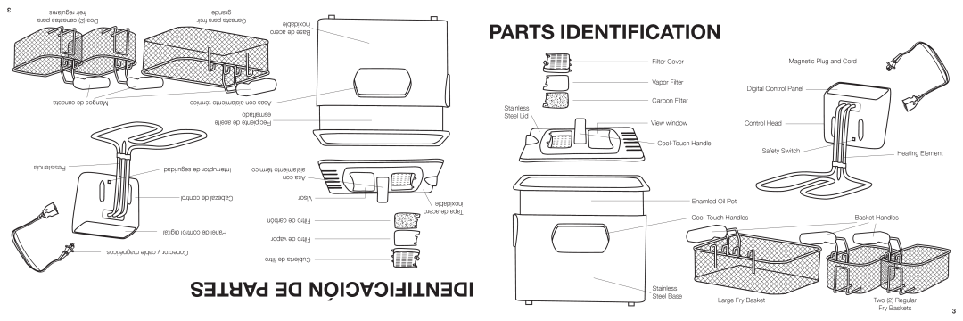 Aroma ADF-232 instruction manual Partes De Identificación, Parts Identification, acero de Base, Basket Handles, Fry Baskets 