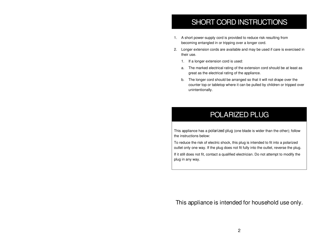 Aroma AEB-917 instruction manual Short Cord Instructions, Polarized Plug 