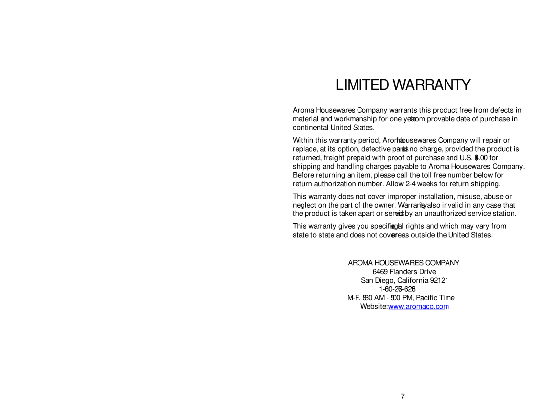 Aroma AEB-917 instruction manual Limited Warranty 