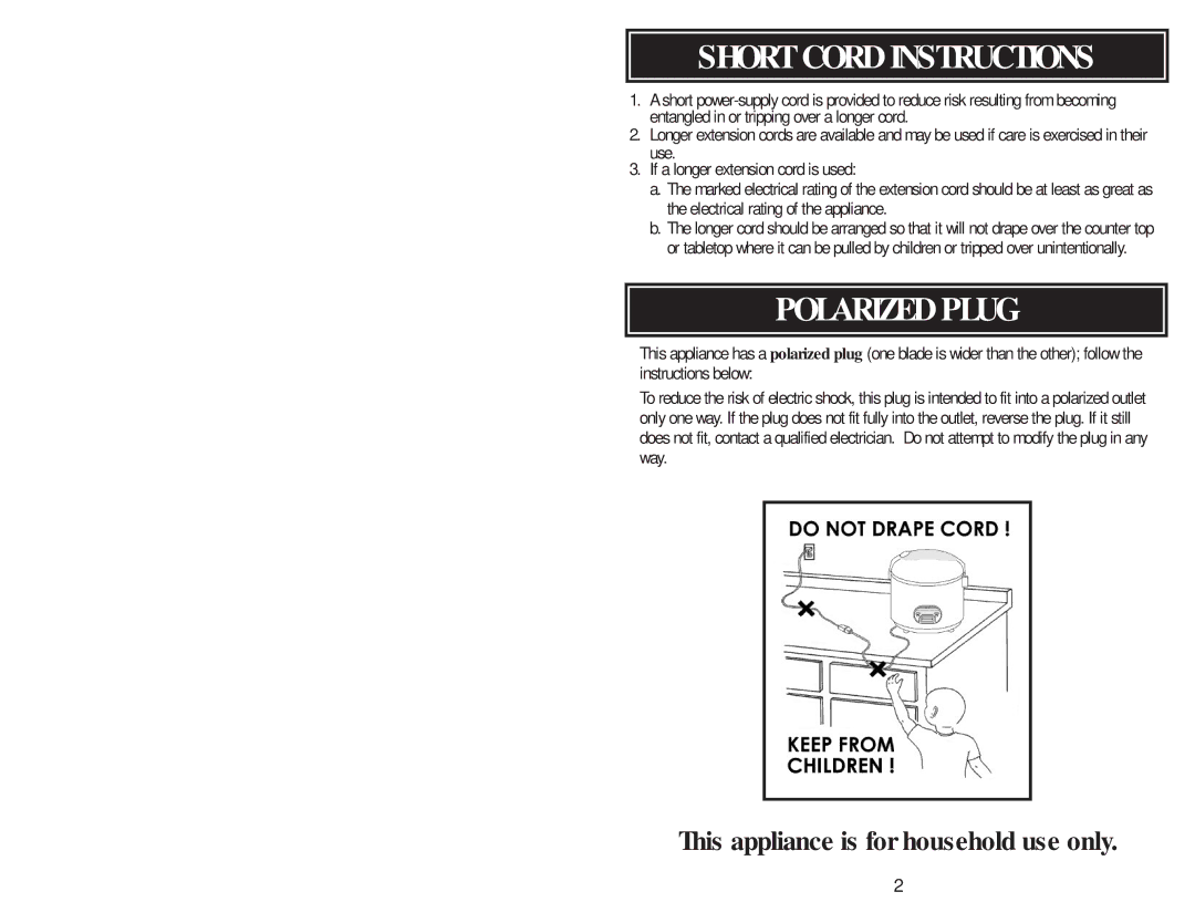 Aroma AFC946, ARC-946 instruction manual Short Cord Instructions, Polarized Plug 