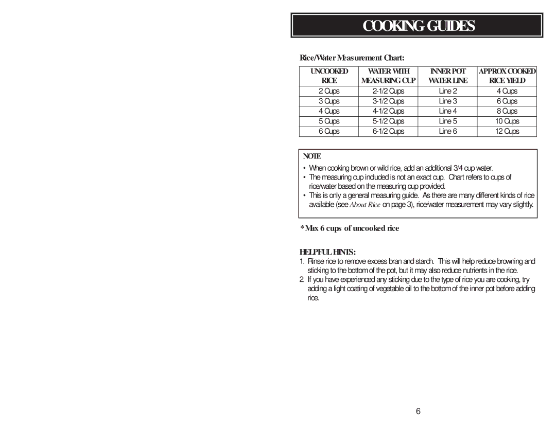 Aroma AFC946, ARC-946 instruction manual Cooking Guides, Rice/Water Measurement Chart 