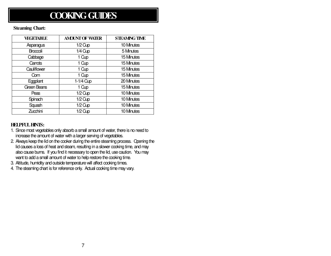 Aroma ARC-946, AFC946 instruction manual Steaming Chart 