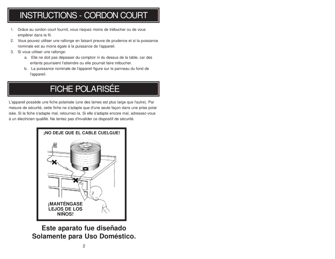 Aroma AFD-615C instruction manual Instructions Cordon Court, Fiche Polarisée, ¡MANTÉNGASE Lejos DE LOS Niños 