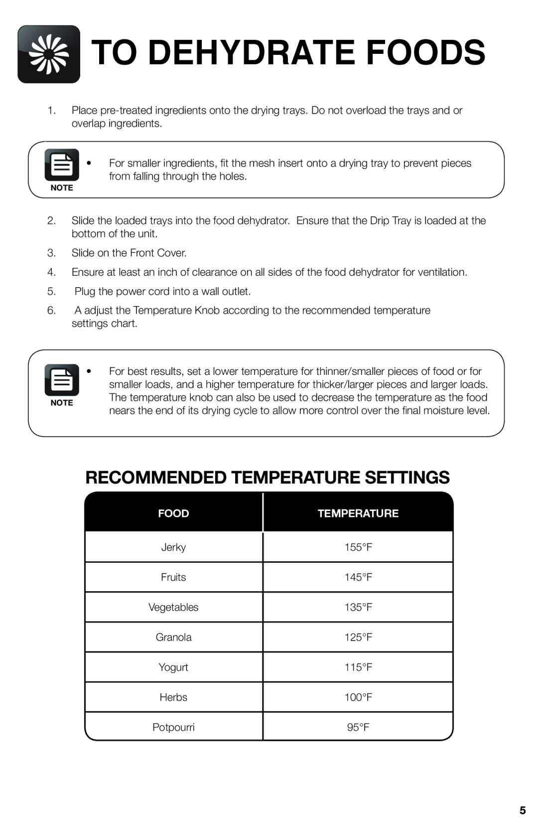 Aroma AFD-815B manual To Dehydrate Foods, Recommended Temperature Settings 