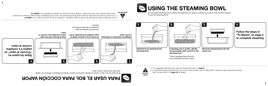 Aroma AFS-210S Using the Steaming Bowl, 10 página Página, Add food to be steamed to If steaming rice or grains, add 