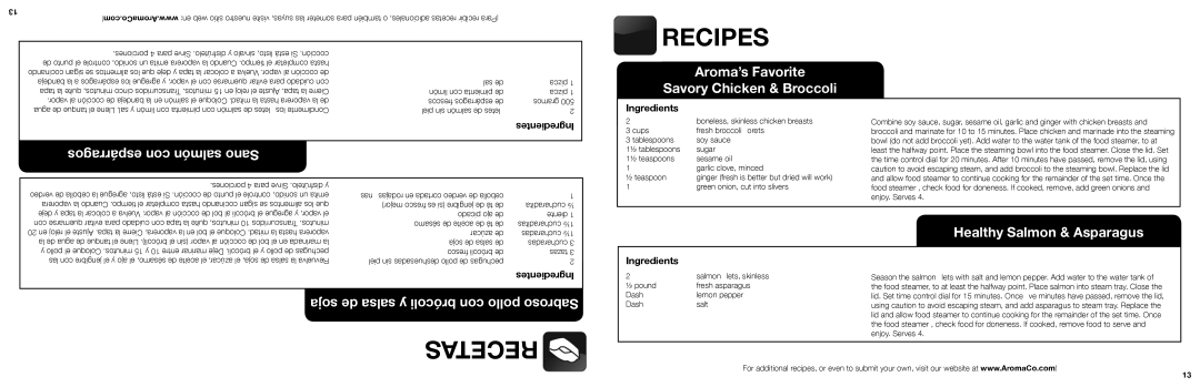 Aroma AFS-210S instruction manual Recipes, Recetas, Com.AromaCo.www 