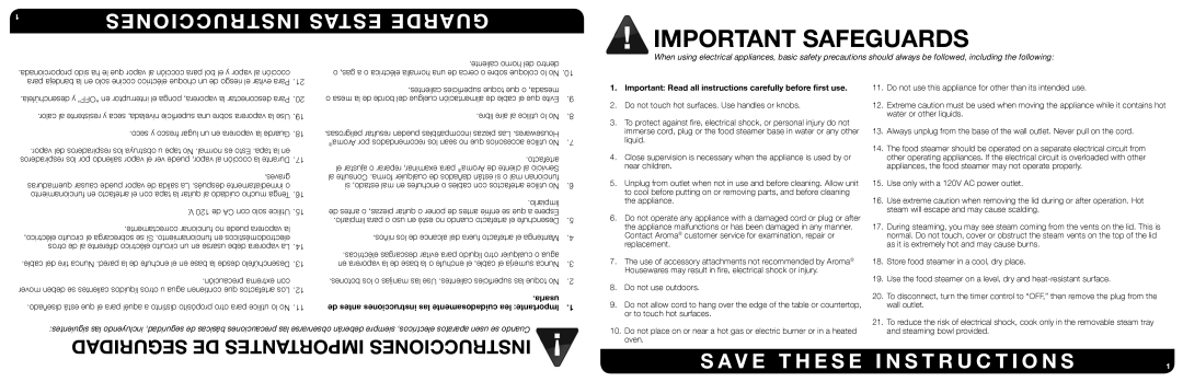 Aroma AFS-210S instruction manual Important Safeguards, Important Read all instructions carefully before ﬁrst use, Usarla 