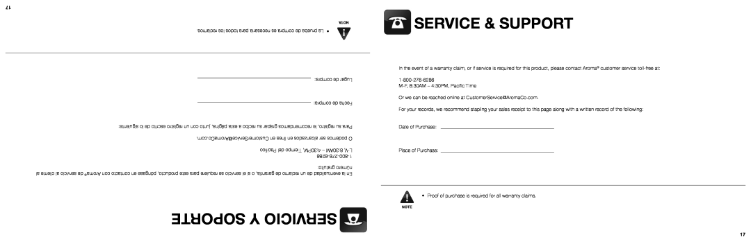 Aroma AFS-210S instruction manual Soporte Y Servicio, Service & Support 