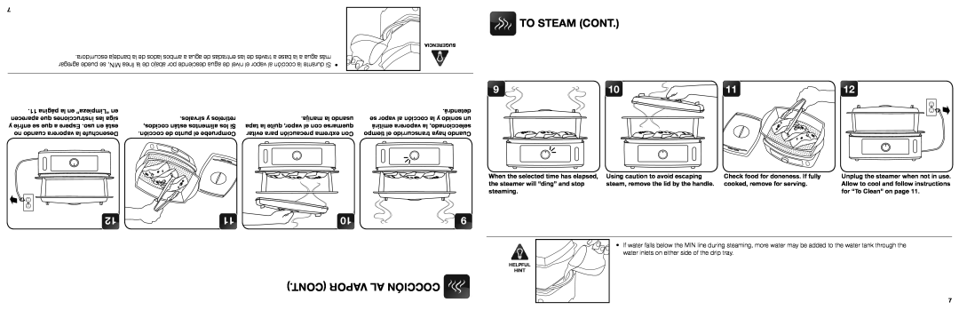 Aroma AFS-210S instruction manual Cont Vapor Al Cocción, 11 página la en “Limpieza” en 
