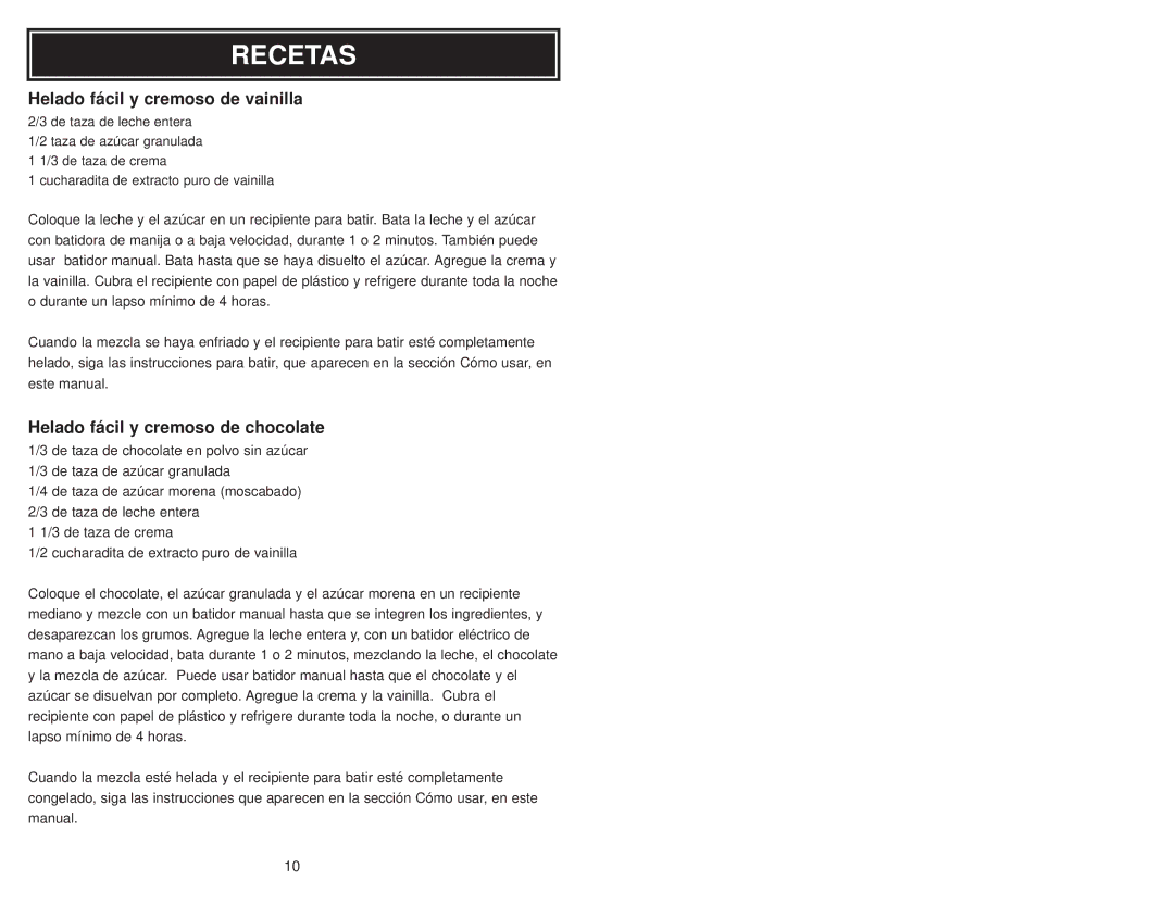 Aroma AIC-107 instruction manual Recetas, Helado fácil y cremoso de vainilla, Helado fácil y cremoso de chocolate 