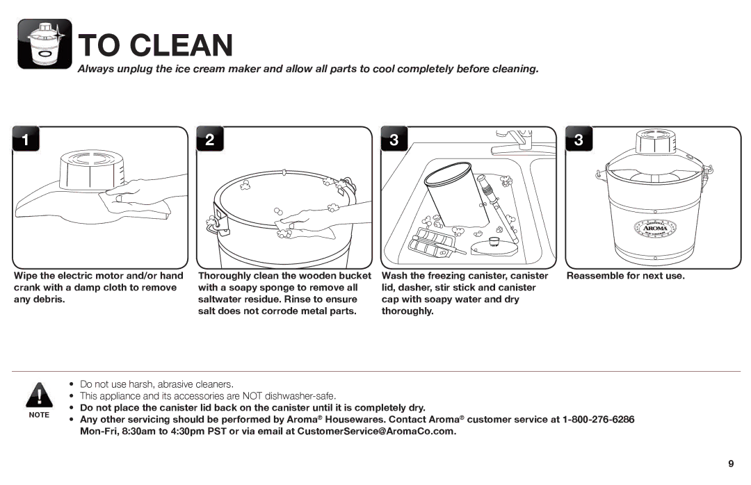 Aroma AIC-206EM instruction manual To Clean, Wash the freezing canister, canister 