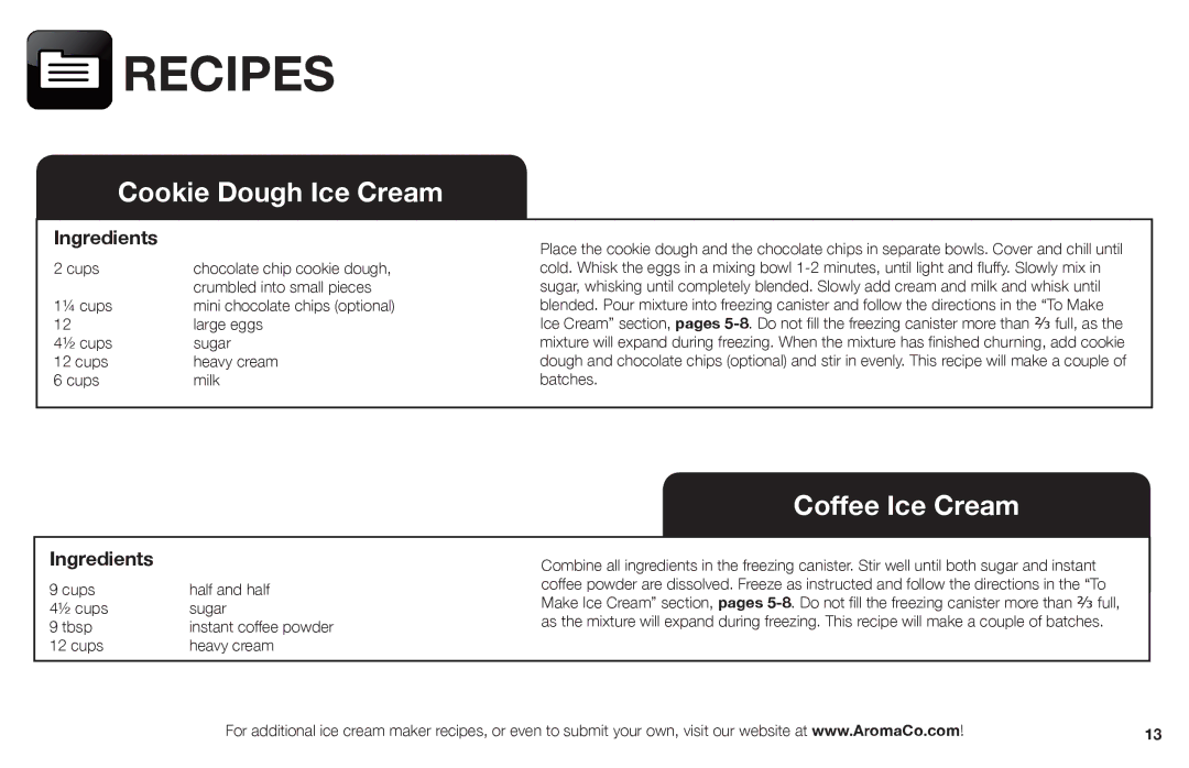 Aroma AIC-206EM instruction manual Cookie Dough Ice Cream, Coffee Ice Cream 