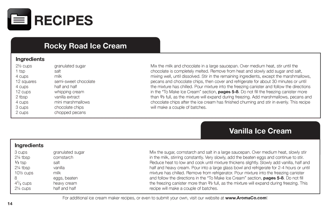 Aroma AIC-206EM instruction manual Rocky Road Ice Cream, Vanilla Ice Cream 