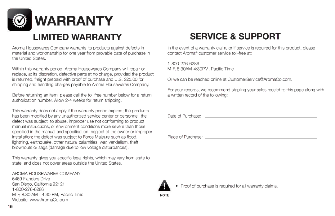 Aroma AIC-206EM instruction manual Limited Warranty Service & Support 