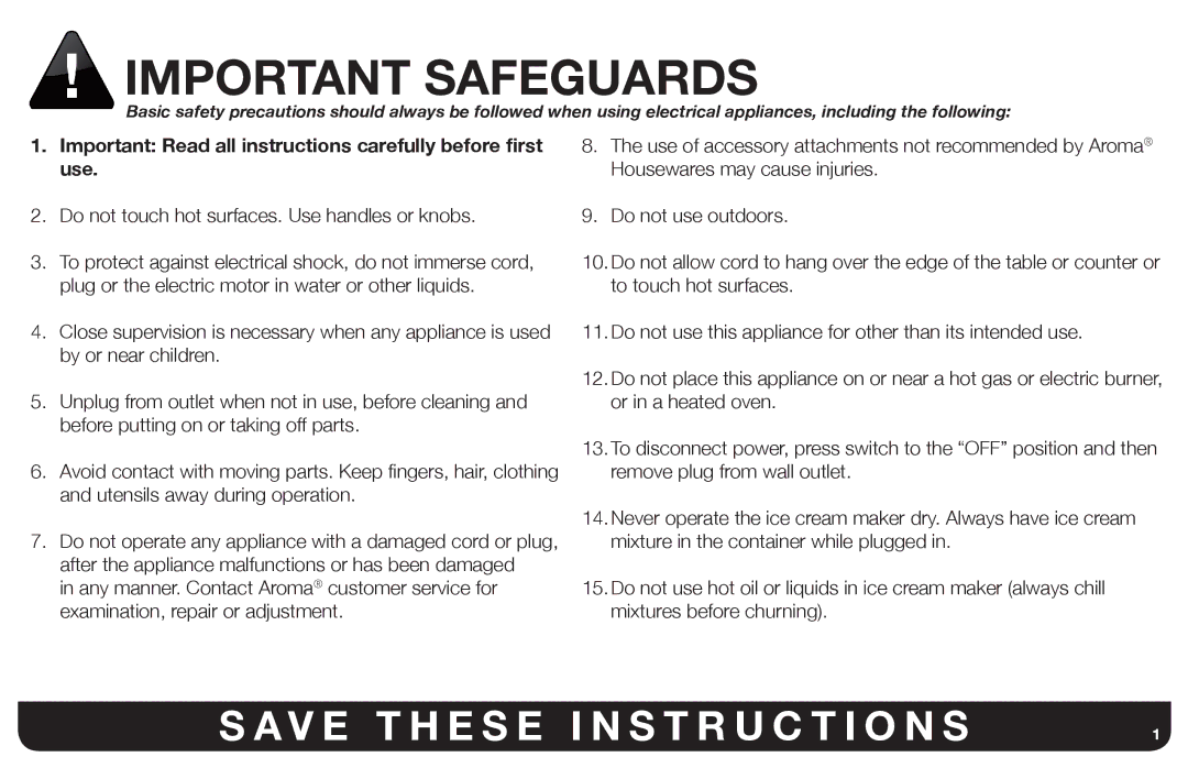 Aroma AIC-206EM instruction manual Important Safeguards, Important Read all instructions carefully before first use 