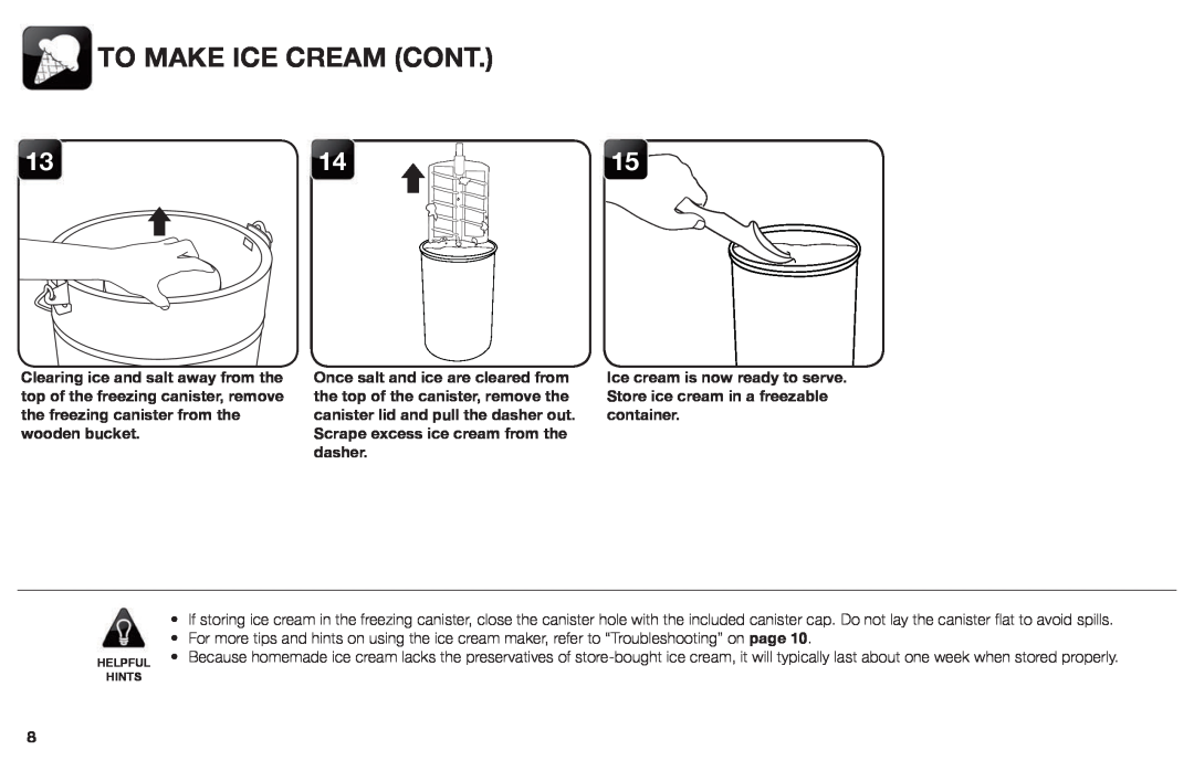 Aroma AIC-206EM instruction manual To Make Ice Cream Cont, Helpful, Hints 